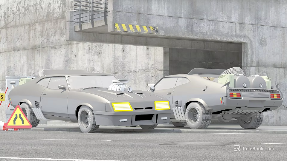 Two Cars Parked Near Concrete Industrial Building 3d model 