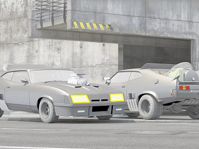 Two Cars Parked Near Concrete Industrial Building 3d model