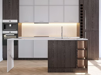 Modern Kitchen Interior With White And Dark Wood Cabinets Island Countertop And Tile Backsplash 3d model
