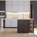 Modern Kitchen Interior With White And Dark Wood Cabinets Island Countertop And Tile Backsplash