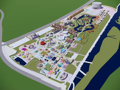 Themed Children's Play Area With Various Rides Green Spaces And Water Features 3d model