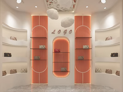Handbag Boutique Interior Design With Orange Decor Panels Central LOGO And Display Shelves 3d model