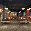 Hotpot Restaurant Interior Design With Wooden Tables Benches Hanging Lamps And Green Plants