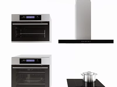 Modern Stainless Steel Kitchen Appliances Including Oven Range Hood And Cooktop With Pot 3d model