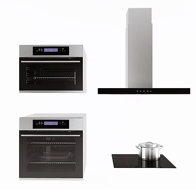 Modern Stainless Steel Kitchen Appliances Including Oven Range Hood And Cooktop With Pot 3d model