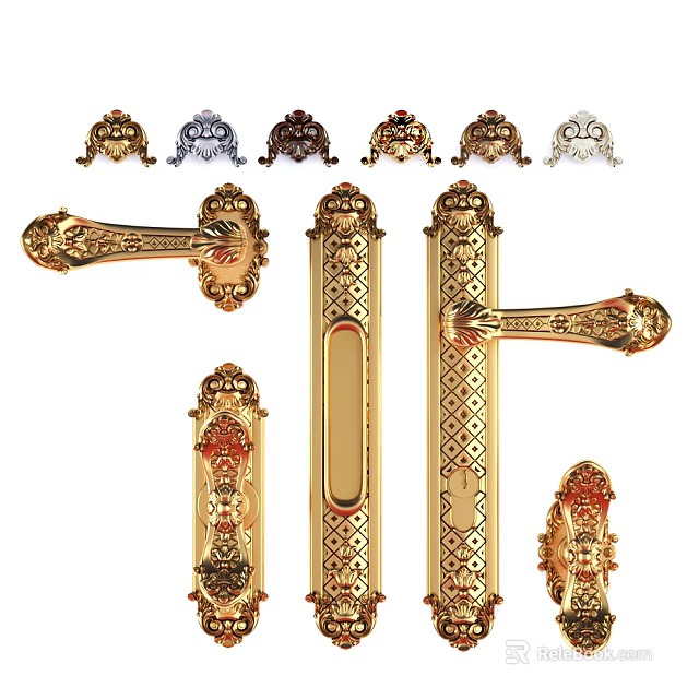 Ornate Golden Door Handles With Intricate Carved Patterns And Classic Vintage Decorative Design 3d model 
