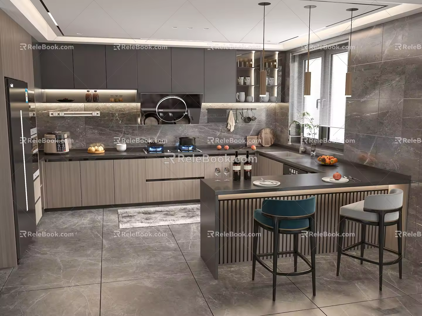 Open Kitchen Bar Chair Combination Cabinet Bar Stool Chandelier 3d model