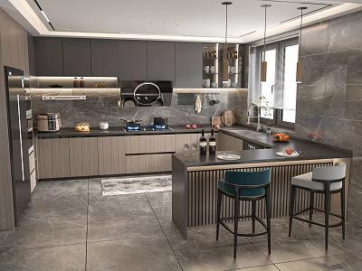 Modern Kitchen Interior Design With Dark Gray Cabinets Island Counter Bar Stools And Appliances 3d model