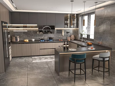 Open Kitchen Bar Chair Combination Cabinet Bar Stool Chandelier 3d model