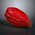 Fresh Ripe Red Cocoa Pod With Textured Skin On Gray Reflective Surface