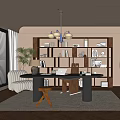 Modern Cozy Study Room Interior With Built in Bookshelves Wooden Desk And Pendant Lights