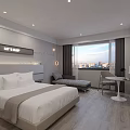 Hotel Room Interior Modern Minimalist Design With Large Bed Sofa Desk And City View Window