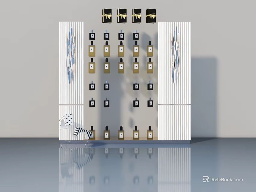 Modern Swing Door Design With White Striped Display Shelf And Bottles 3d model 