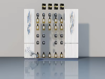 Modern Swing Door Design With White Striped Display Shelf And Bottles 3d model