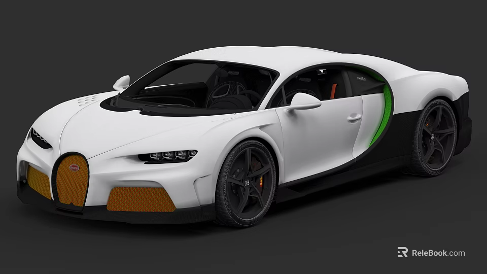 White Luxury Sports Car With Green Accent Stripe Orange Grille And Black Wheels 3d model 