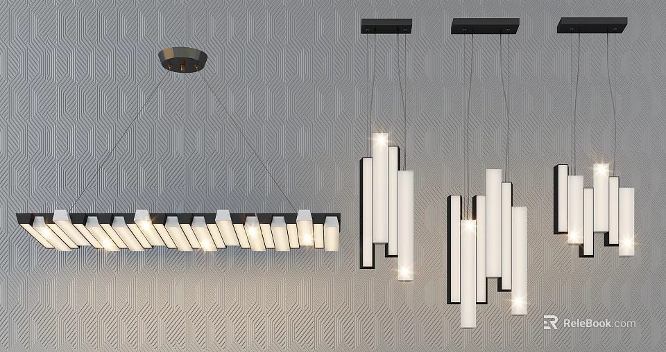 Modern Pendant Lights Design For Interior With Black Frame White Shades And Geometric Wall 3d model 
