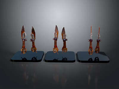 Decorative Bladed Weapons with Ornate Handles Arranged on Three Blue Display Bases 3d model
