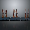 Decorative Bladed Weapons with Ornate Handles Arranged on Three Blue Display Bases