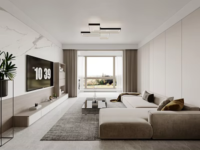 Minimalist Modern Living Dining Room Interior With Gray Sofa TV Wall And Large Window 3d model