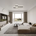 Minimalist Modern Living Dining Room Interior With Gray Sofa TV Wall And Large Window