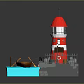 Traditional Wooden Rowing Boat Near Red Lighthouse Dock With Bench And Street Lamp