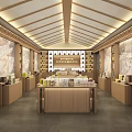 Modern Luxury Sales Office Interior With Wooden Decor Display Shelves Central Counter And Lighting Design
