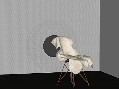White Upholstered Accent Chair With Brass Metal Legs In Gray Textured Wall And Dark Floor 3d model