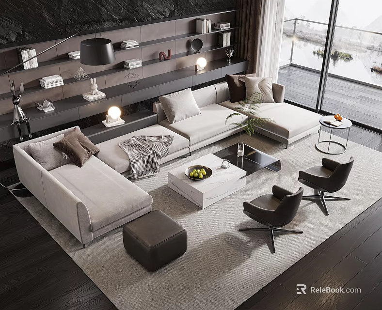 Modern Modular Sofa and Coffee Table Set With Light Gray Upholstery Decorative Pillows and Black Chairs 3d model 