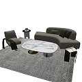 Modern Light Leather Sofa And Oval Marble Coffee Table Set With Pillows On Rug 3d model
