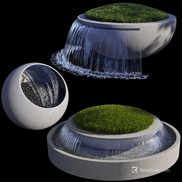 Modern Garden Ornaments With Circular Waterfall Feature And Green Grass Decor Design 3d model 
