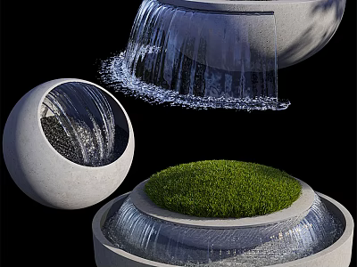 Modern Garden Ornaments With Circular Waterfall Feature And Green Grass Decor Design 3d model