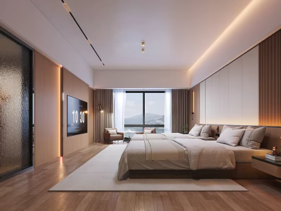 Modern Hotel Guest Room Interior With Large Bed Wooden Floor And Floor To Ceiling Window 3d model