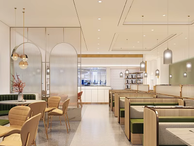 Modern Restaurant Interior With Arched Partitions Pendant Lights Booth Seats And Dining Tables 3d model