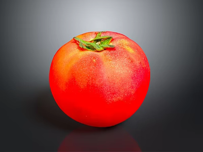 Fresh Ripe Glossy Red Tomato With Green Stem On Gray Background 3d model