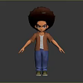 Man as 3D Character with Afro Hairstyle Orange Shirt Blue Jeans Green Shoes Gray Background