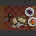 Food Spread with Bread Cheese Grapes Tomatoes Green Bottle and Cup on Red Checkered Tablecloth