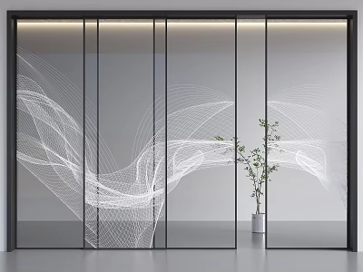 Modern Glass Sliding Doors With White Decorative Lines And Potted Plant In Interior 3d model