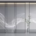 Modern Glass Sliding Doors With White Decorative Lines And Potted Plant In Interior