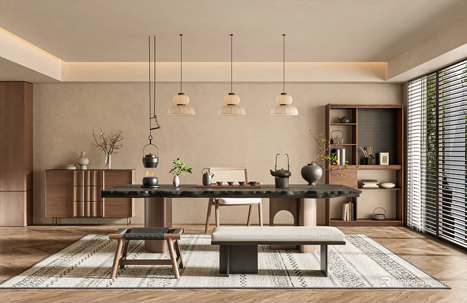 Minimalist Tea Room Interior With Wooden Table Pendant Lights Decorative Plants And Woven Rug 3d model 