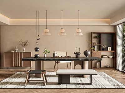 Minimalist Tea Room Interior With Wooden Table Pendant Lights Decorative Plants And Woven Rug 3d model
