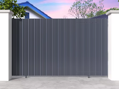 Sleek Modern Gate With Dark Gray Vertical Slats And White Pillars For Residential Entrance 3d model