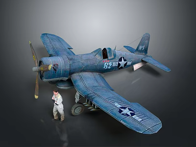 Blue Military Airplane Model With Propeller Number 92 Star Emblem And White Uniform Figure 3d model