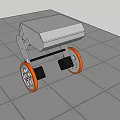 Small Silver Robot With Orange Wheels And Mechanical Structure On White Tiled Floor 3d model