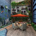 Outdoor Feature Wall With Blue Surface Fish Decorations Green Plant Wall Wooden Deck Orange Umbrella
