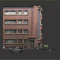 Miniature Red Multi Story Building Model With Windows Entrance And Green Plants