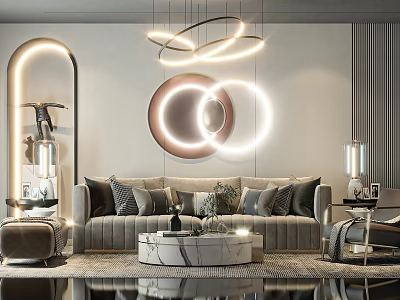 Modern Luxury Sofa And Coffee Table Set With Marble Top Plush Pillows And Modern Lighting 3d model