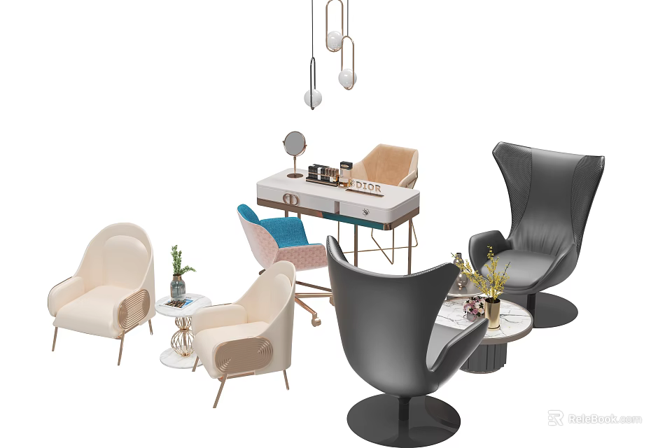 Modern Table And Chair Set With Armchairs Side Tables And Decorative Plants 3d model 