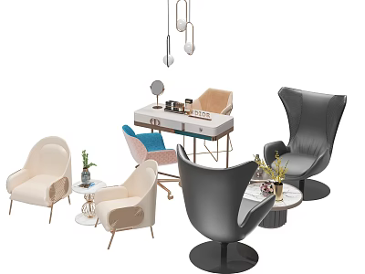 Modern Table And Chair Set With Armchairs Side Tables And Decorative Plants 3d model