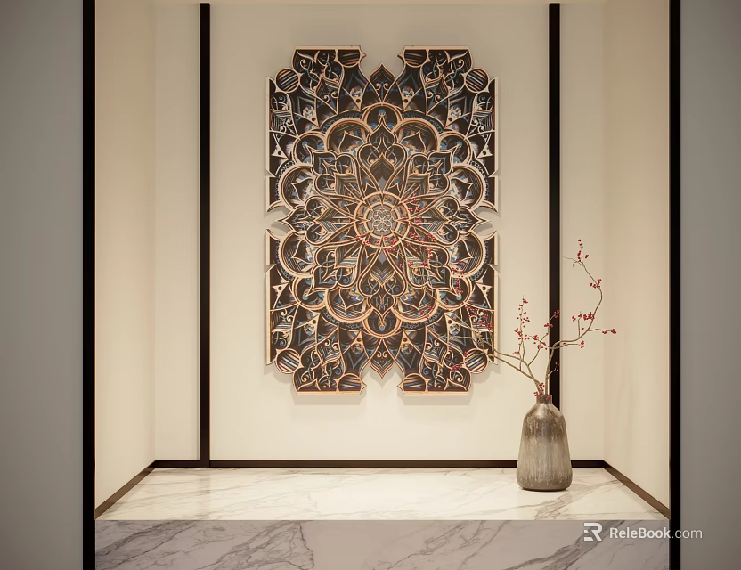 Intricate Wall Decor In Minimalist Interior With Vase And Twigs 3d model 