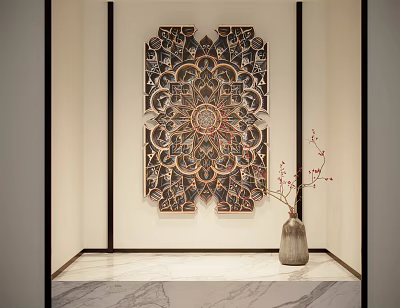 Intricate Wall Decor In Minimalist Interior With Vase And Twigs 3d model